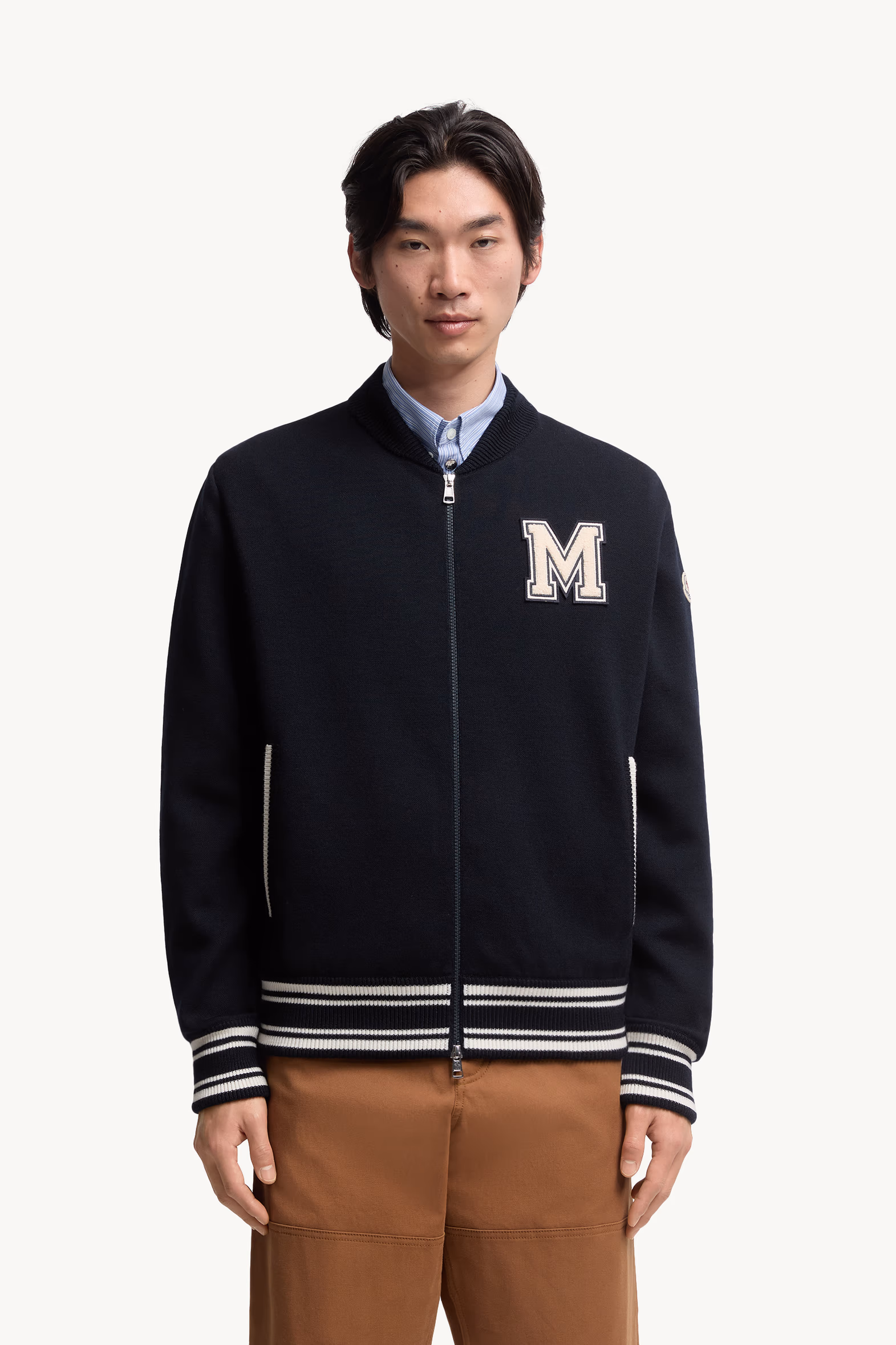 Embroidered Monogram Padded Zip-Up Wool Blend Cardigan Men Blue Moncler 3